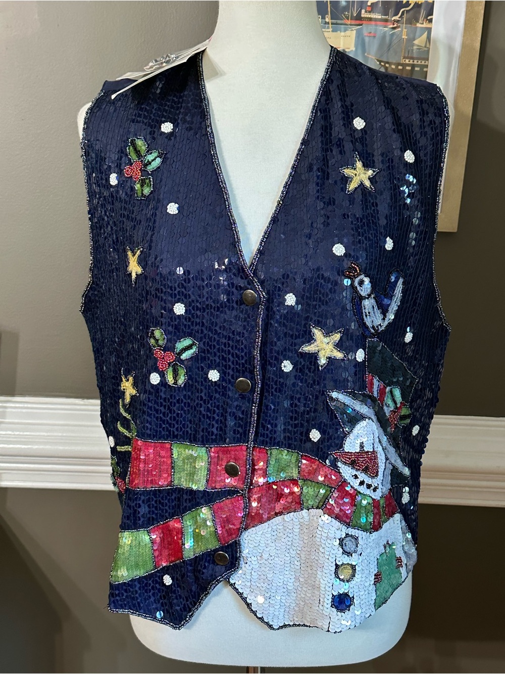 New with tags! Quacker Factory Navy Sequin Snowman Vest hand beaded Christmas